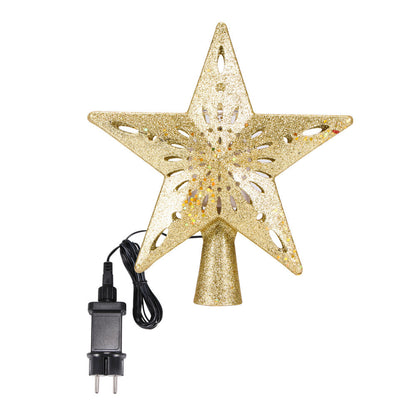 Gold star-shaped Christmas tree top light with glitter and attached power cord