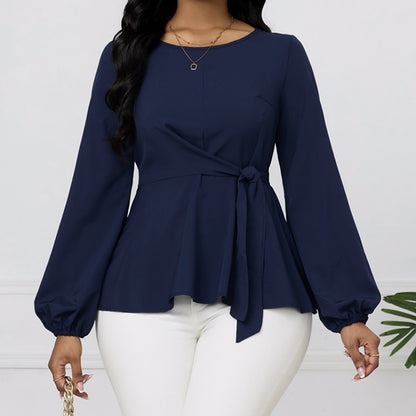 Women's Solid Color Round Neck Side Cinched Waist Tied Shirt Top