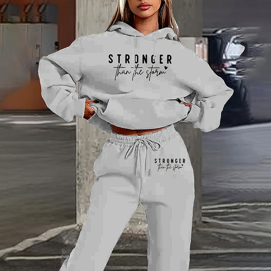 Women's solid 2-piece set with letter print hoodie and drawstring jogger pants casual tracksuit