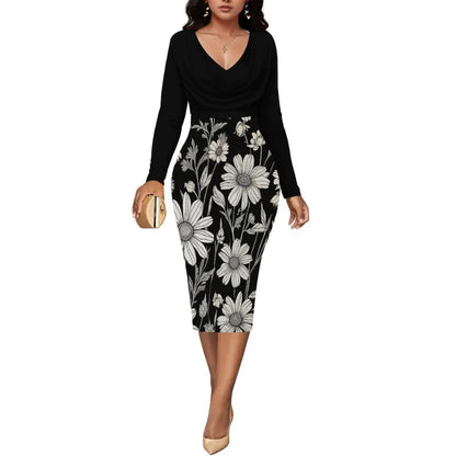 Womens Midi Dresses Church Dresses Long Sleeve Bodycon Cowl Neck Pencil Dress