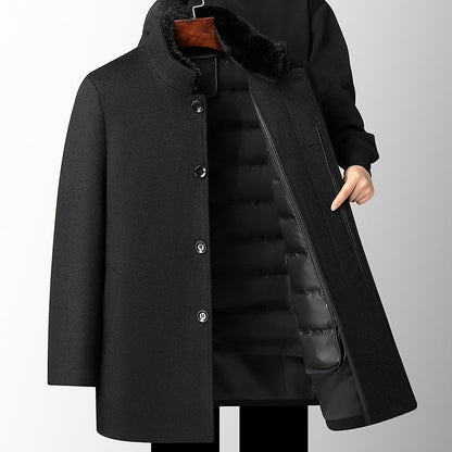 Men's black wool overcoat with detachable down feather liner, mid-length thickened design for autumn and winter