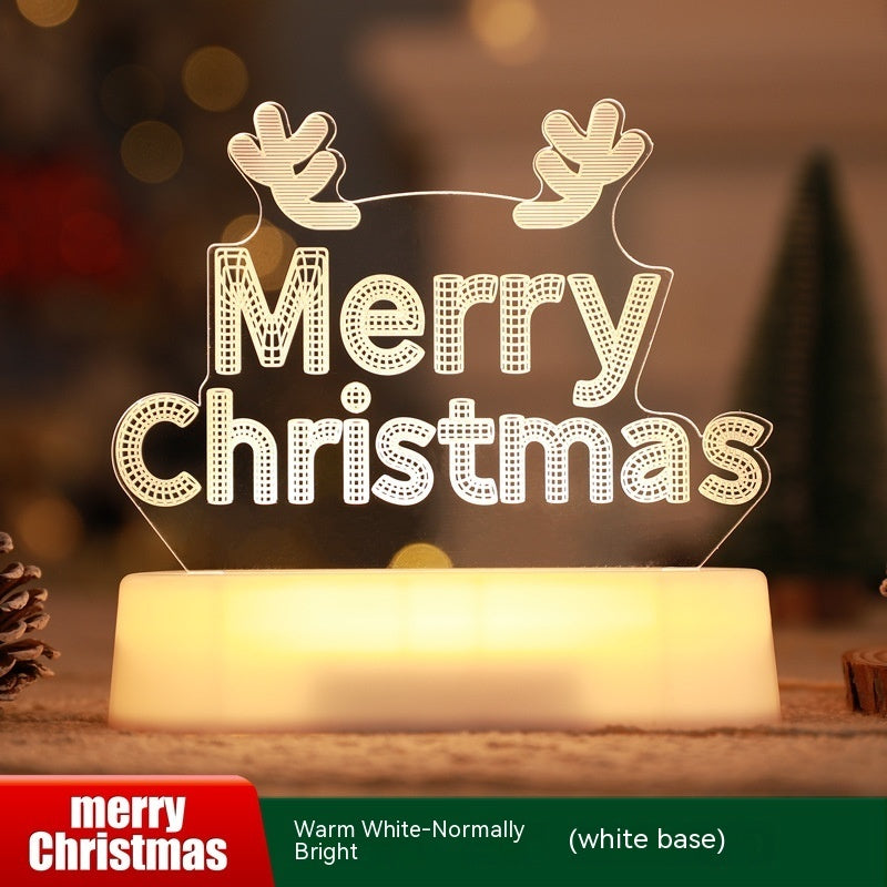 Christmas Decoration 3D acrylic LED night light with Merry Christmas text and reindeer antlers on white base