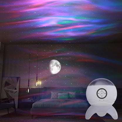 Bluetooth starry sky projector displaying colorful aurora and moonlight in bedroom with remote control on white base