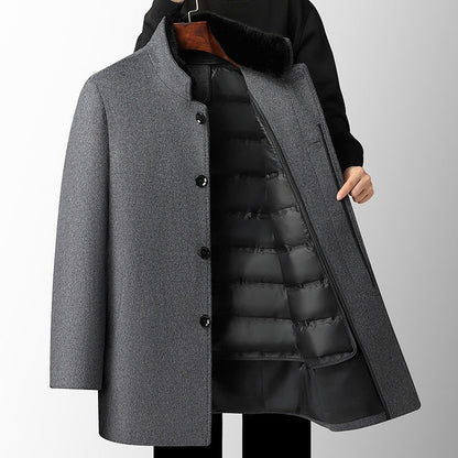 Men's gray wool overcoat with detachable down feather liner and button closure