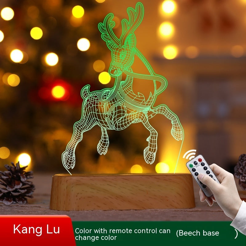 3D acrylic LED Christmas decoration lamp with reindeer design and remote control on beech wood base