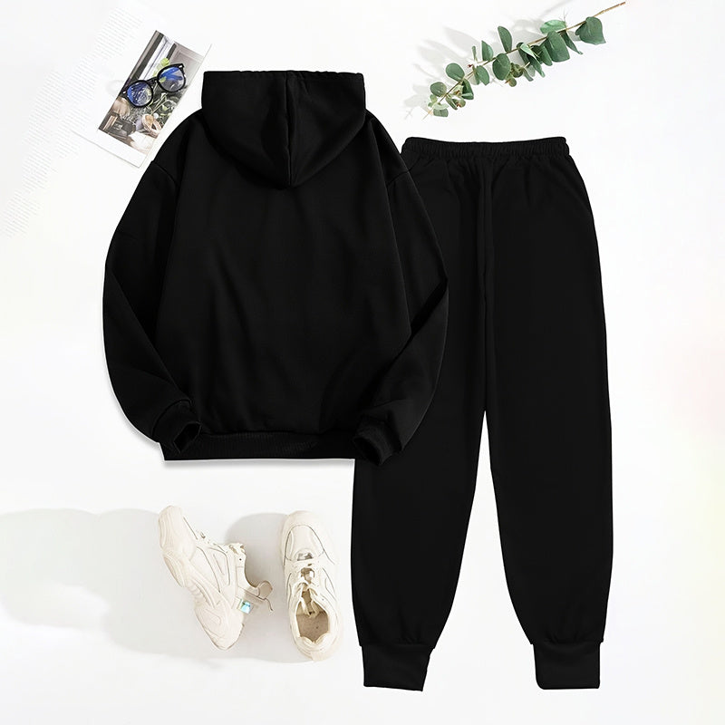 Women's solid black 2-piece set with letter print hoodie and drawstring jogger pants casual tracksuit