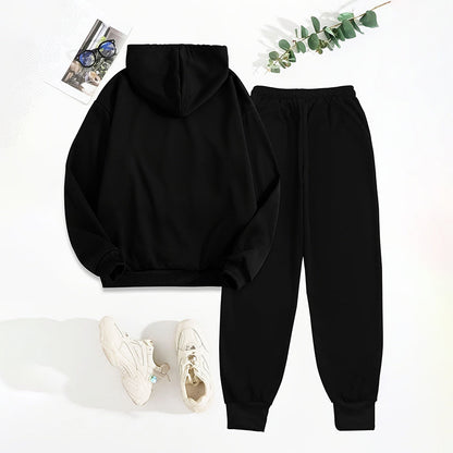 Women's solid black 2-piece set with letter print hoodie and drawstring jogger pants casual tracksuit