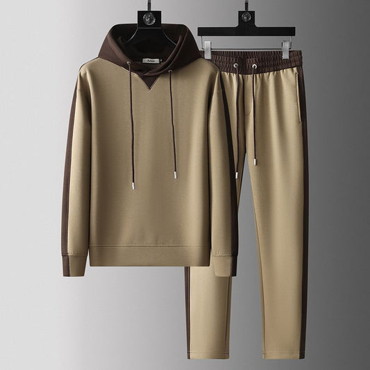 Men's patchwork hoodie and trousers suit in brown and khaki with polyester fabric, long sleeves, and casual style
