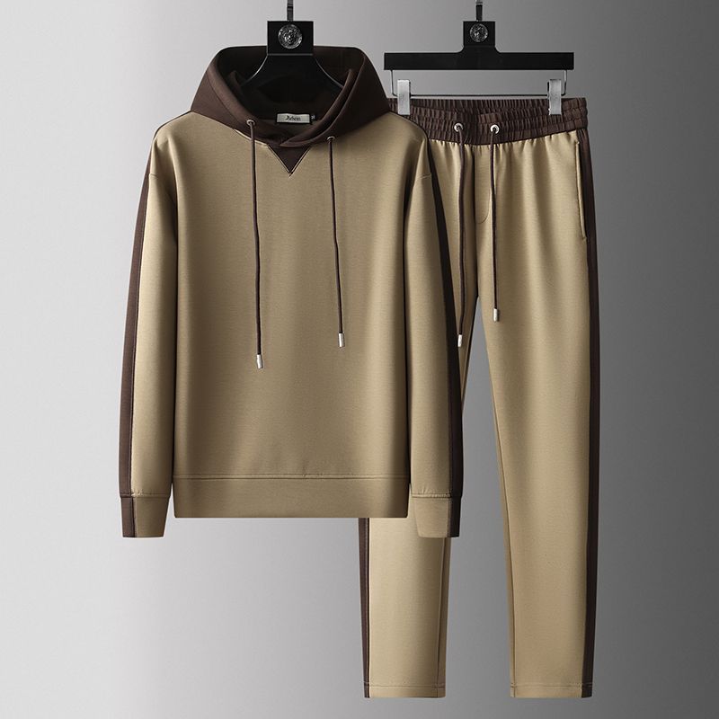 Men's patchwork hoodie and trousers suit in brown and khaki, cotton polyester blend, casual spring-autumn wear