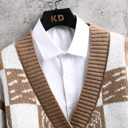 Knitted Cardigan Sweater Men's Plaid Color Patchwork Loose Teenage Student Coat