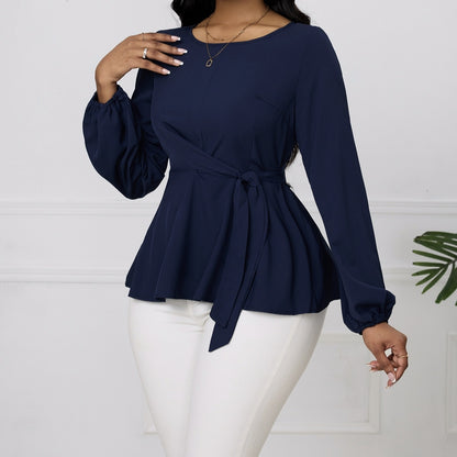Women's Solid Color Round Neck Side Cinched Waist Tied Shirt Top
