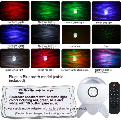 Bluetooth starry sky projector with 12 colorful light modes, LED laser, Bluetooth speaker, and remote control for children's room ambiance.