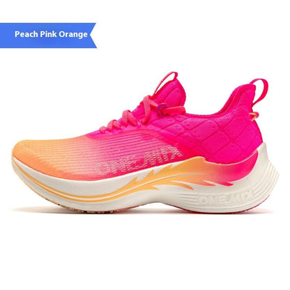 Peach pink orange racing shock-absorbing training shoe with built-in carbon plate and breathable mesh upper