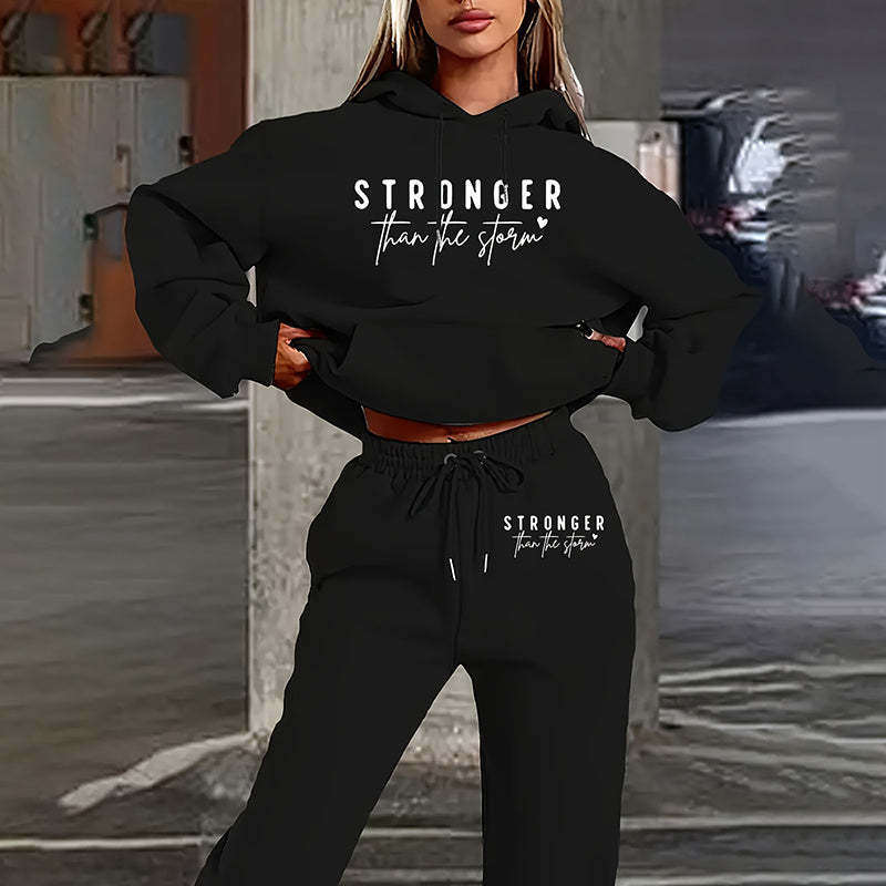 Women's solid black 2-piece hoodie and jogger set with letter print and drawstring pants