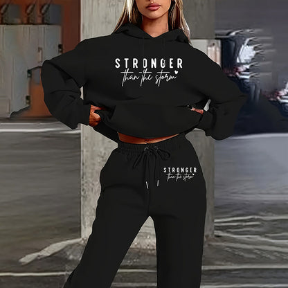 Women's solid black 2-piece hoodie and jogger set with letter print and drawstring pants