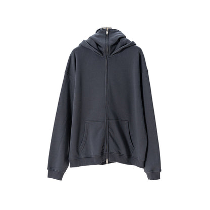 Dark gray windproof zip-up sweater with built-in sports mask and cotton lining