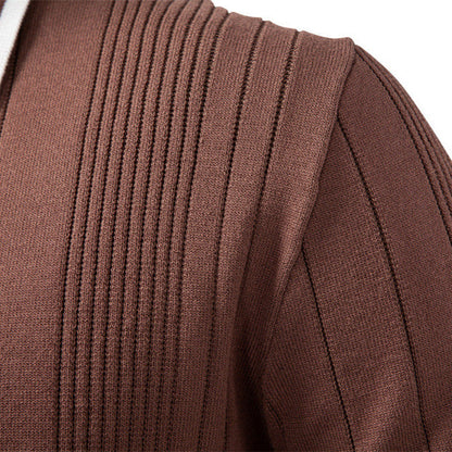 Close-up of brown men's sweater lapel knitted pullover with zipper detailing