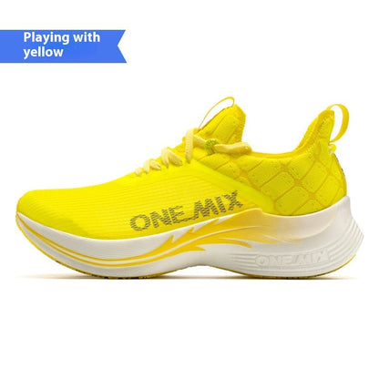 Racing shock-absorbing yellow training shoe with built-in carbon plate and breathable mesh upper