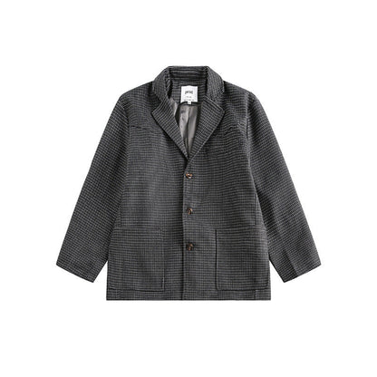 Fashion casual wear men's loose plaid suit jacket in gray polyester fabric