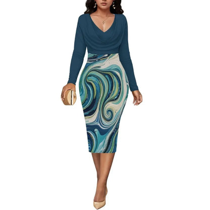 Womens Midi Dresses Church Dresses Long Sleeve Bodycon Cowl Neck Pencil Dress