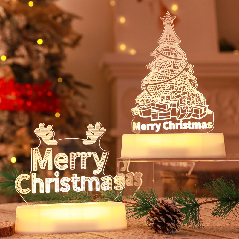 Christmas decoration 3D acrylic LED night light with Merry Christmas design, festive Christmas tree and reindeer antlers ornaments