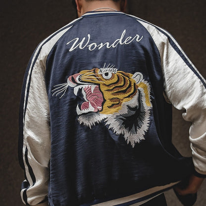 Retro two-sided wear Yokosuka coat for men with embroidered tiger design in navy and silver colors