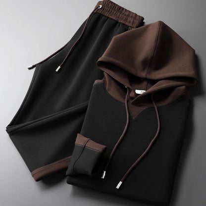 Men's patchwork hoodie and trousers suit in black and brown cotton blend for spring and autumn fashion
