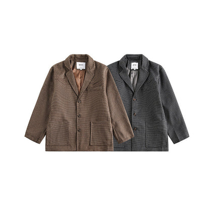 Men's fashion casual wear loose plaid suit jacket in gray and khaki colors