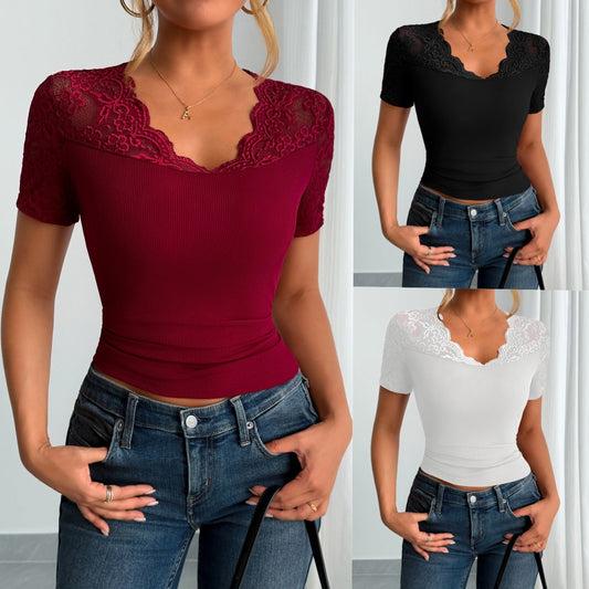 Vêtements en dentelle avec encolure et poignets pour femmes, printemps