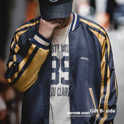 Men's retro two-sided wear Yokosuka coat in glacier silver and gold with stripe details and side seam pockets