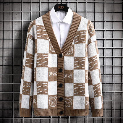 Knitted Cardigan Sweater Men's Plaid Color Patchwork Loose Teenage Student Coat