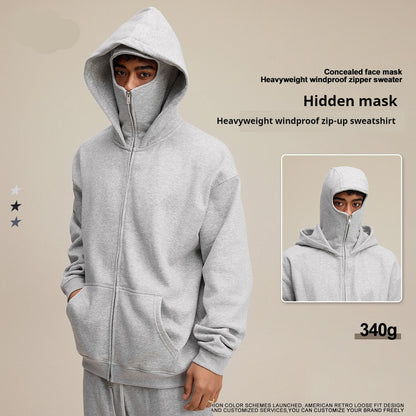 Men's heavy windproof sports zip-up sweater with hidden mask and hood in gray polyester fiber