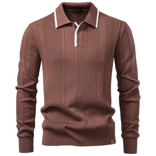 Men's lapel knitted sweater pullover in brown with long sleeves and button collar