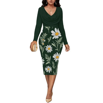 Womens Midi Dresses Church Dresses Long Sleeve Bodycon Cowl Neck Pencil Dress