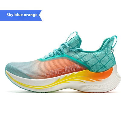 Sky blue orange racing shock-absorbing training shoe with built-in carbon plate and lightweight mesh upper