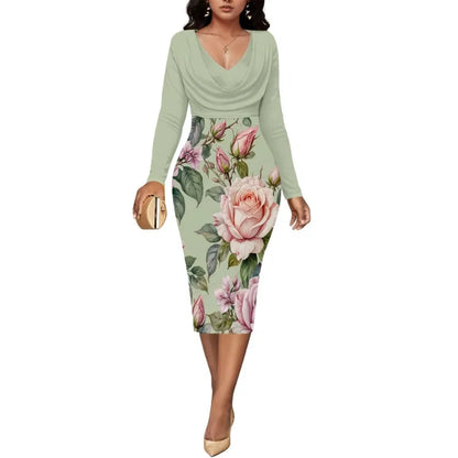Womens Midi Dresses Church Dresses Long Sleeve Bodycon Cowl Neck Pencil Dress