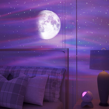 Bluetooth Starry Sky Projector displaying moon and stars on bedroom wall with purple light ambiance