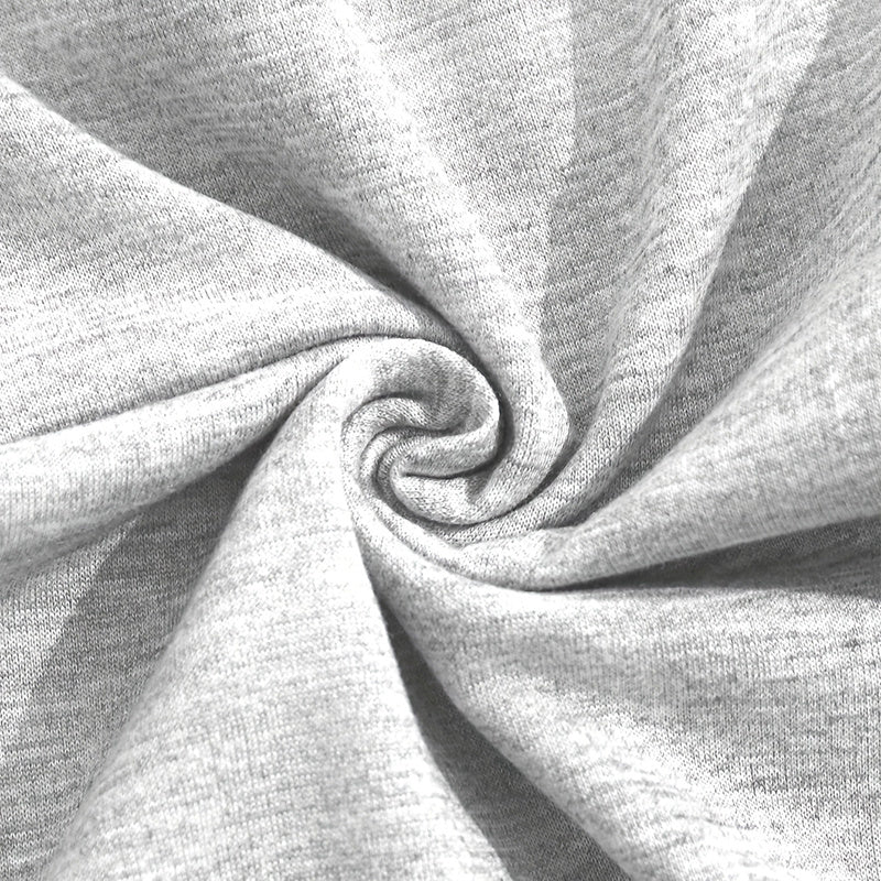 Close-up of soft light gray fabric used in women's solid 2-piece set hoodie and jogger pants tracksuit