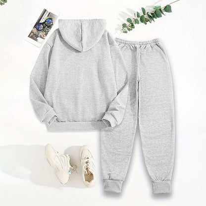 Women's solid grey 2-piece hoodie and jogger pants casual tracksuit set with elastic waist and drawstring