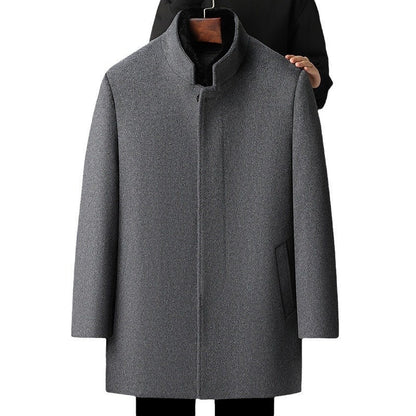 Gray men's wool overcoat with thickened detachable down liner for autumn and winter