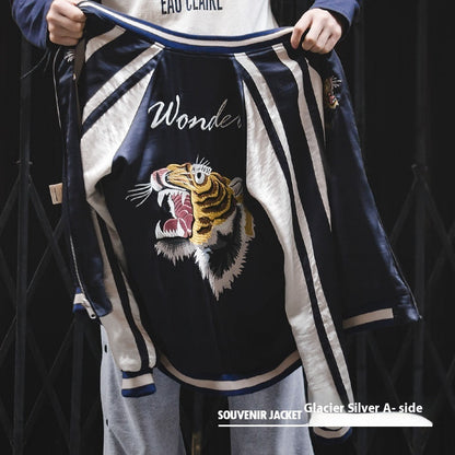 Retro two-sided wear men's Yokosuka coat in glacier silver with tiger embroidery and side seam pockets