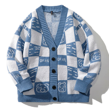 Knitted Cardigan Sweater Men's Plaid Color Patchwork Loose Teenage Student Coat