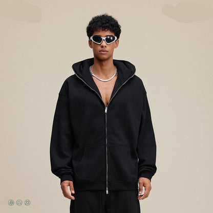 Black sports windproof mask zipper sweater with hood and pockets for men