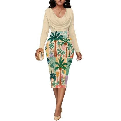 Womens Midi Dresses Church Dresses Long Sleeve Bodycon Cowl Neck Pencil Dress