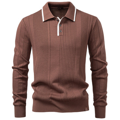 Brown men's lapel knitted sweater with long sleeves and buttoned collar