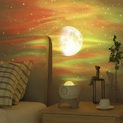 Bluetooth starry sky projector displaying moon and stars with colorful aurora light on bedroom wall