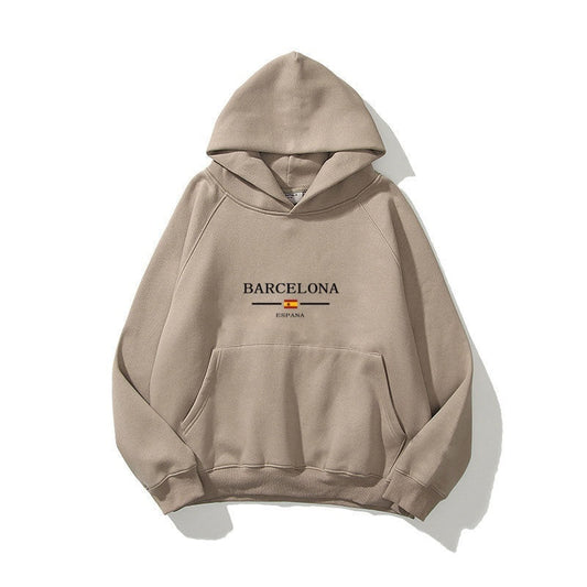 Camel color men's hoodie double layer hat with Barcelona print, pullover style, wool lining, polyester fiber, loose fit.