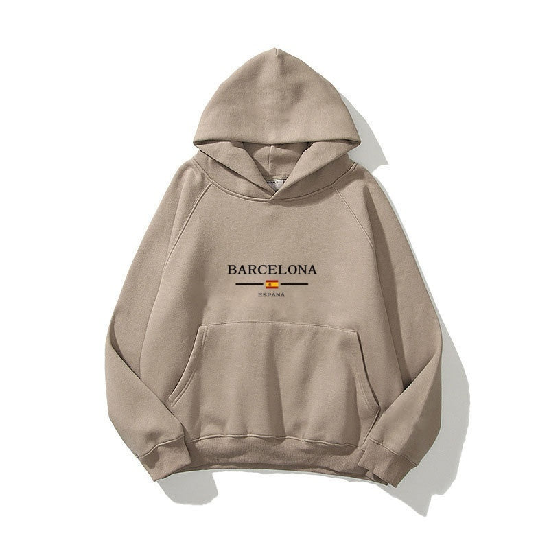 Camel color men's pullover hoodie with double layer hat and Barcelona print, wool lining, polyester fiber, loose fit.