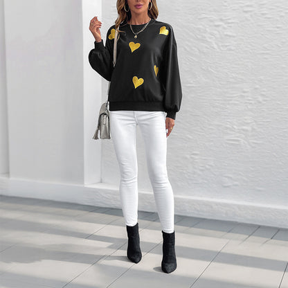Women's Sweet Style Heart Printing Loose Round Neck Long Sleeve Sweater