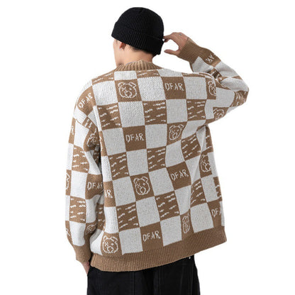 Knitted Cardigan Sweater Men's Plaid Color Patchwork Loose Teenage Student Coat